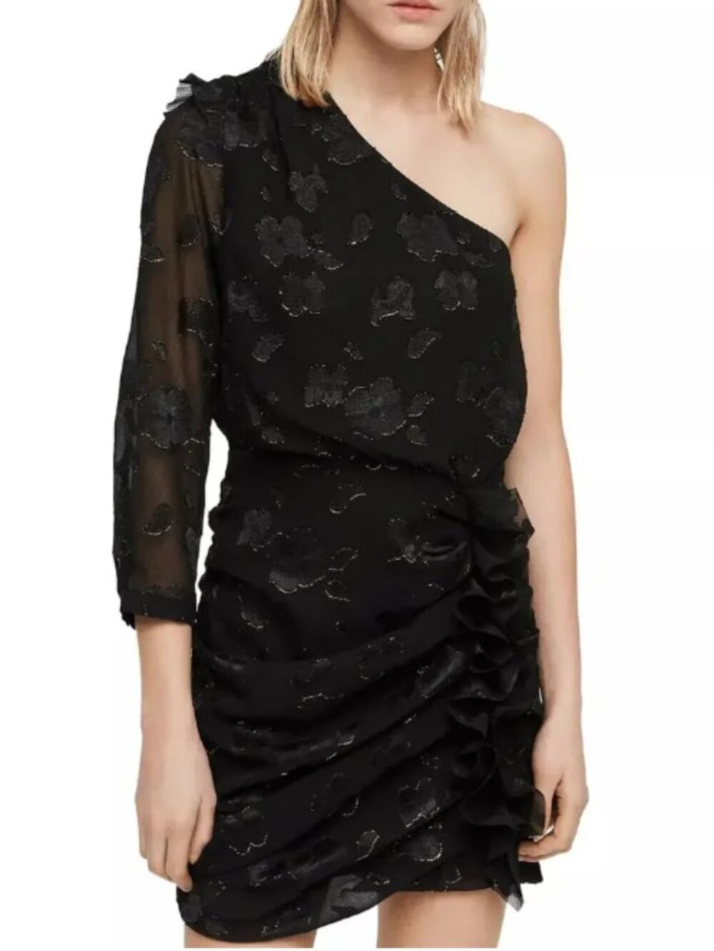 All Saints Maddie Flora One Shoulder Sheer Ruffle Party Dress Black Gold size 6